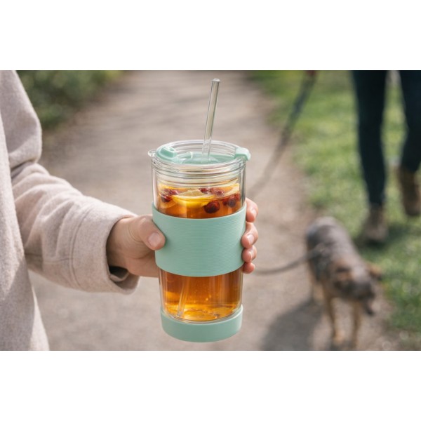 Kubek termiczny szklany ze słomką 600 ml miętowy Fuori 30428