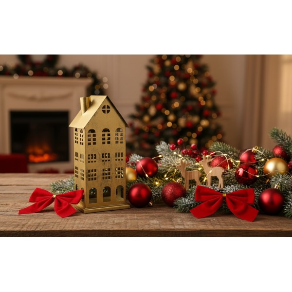 Ozdoba świąteczna domek 42 5 cm złoty metal 8716