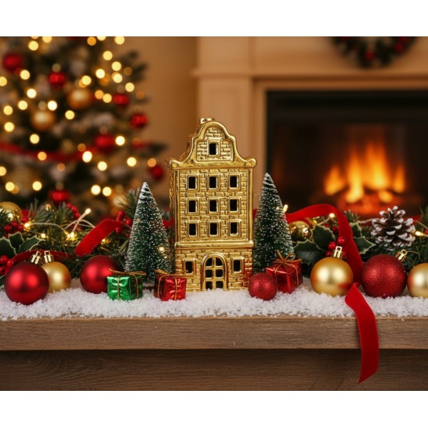 Ceramiczna ozdoba Kamieniczka LED świecąca złota duża 20 cm