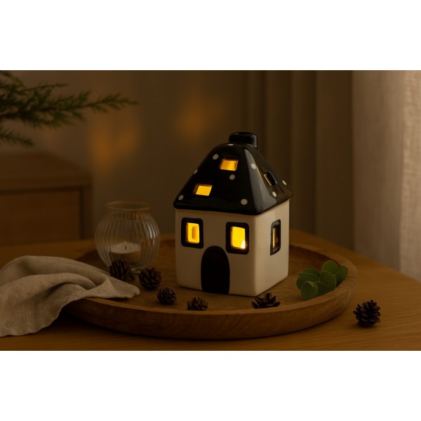 Domek ceramiczny na t-light czarno-biały 11 cm