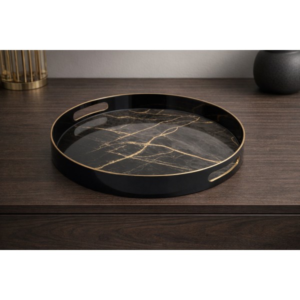 Taca okrągła z uchwytami 37 cm Czarna Marmur 131907