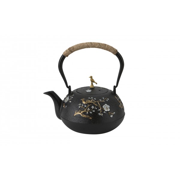 Czarny czajnik żeliwny 1L z zaparzaczem SakuraTea złoty ptak