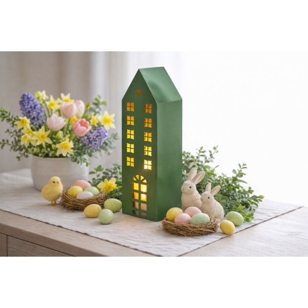 Metalowy domek zielony 55 cm – stylowa dekoracja do wnętrza