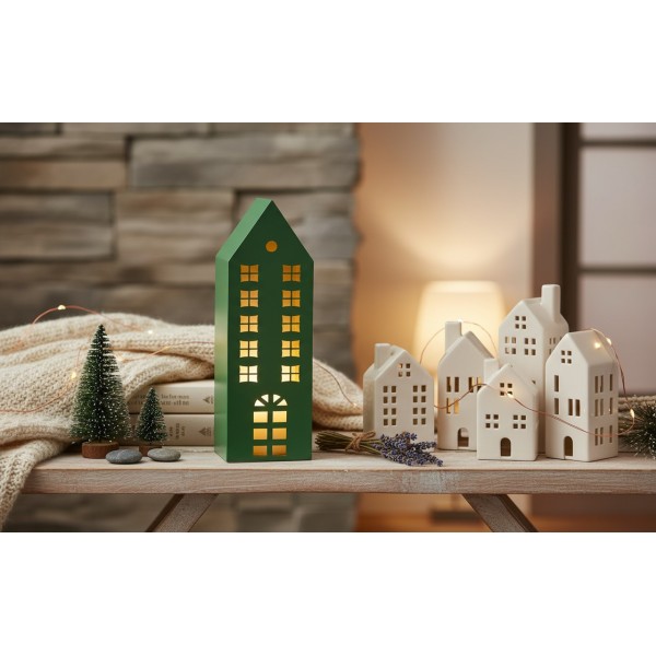 Ozdoba świąteczna domek 55 cm zielony metal 7625