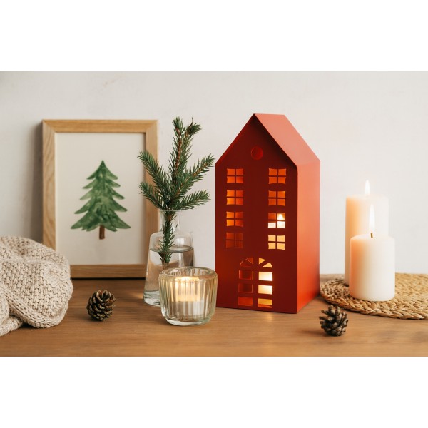 Ozdoba świąteczna domek 35 5 cm czerwony metal 7625
