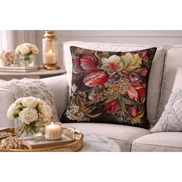 Poszewka dekoracyjna 45x45 cm Kwiaty ciemne tło Gobelinowa Premium