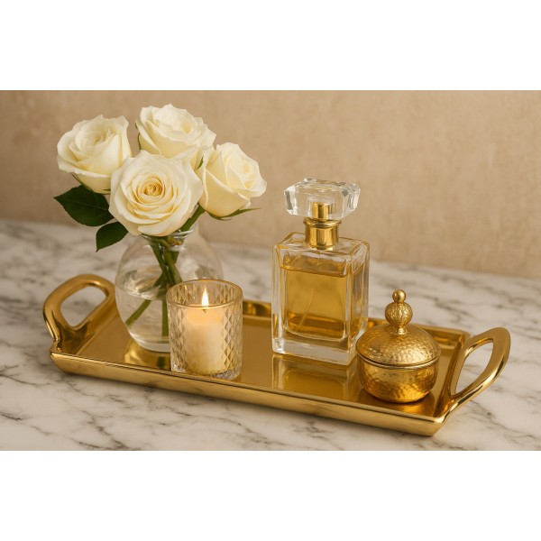 Taca ceramiczna ozdobna 30x13x4 cm złota z rączkami