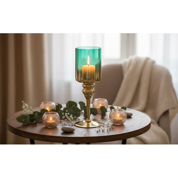 Świecznik szklany złoto - zielony 30 cm JK0190