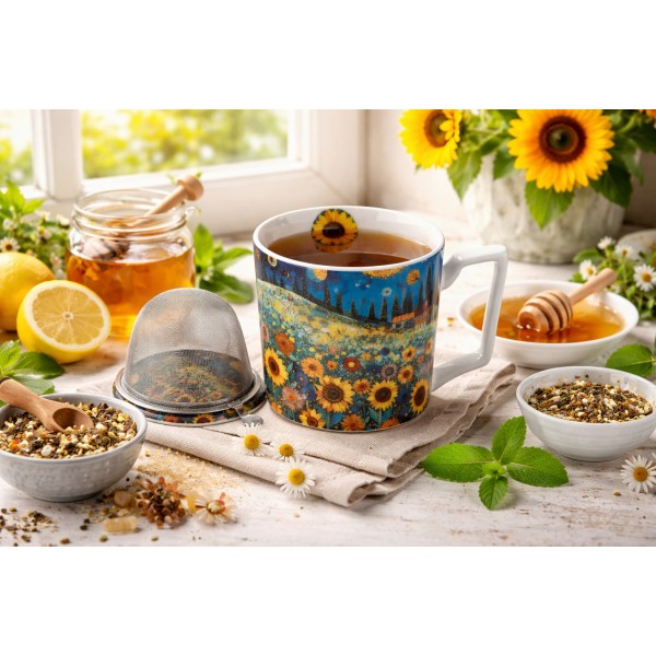 Kubek porcelanowy 450 ml z zaparzaczem Modern Sunflower Field
