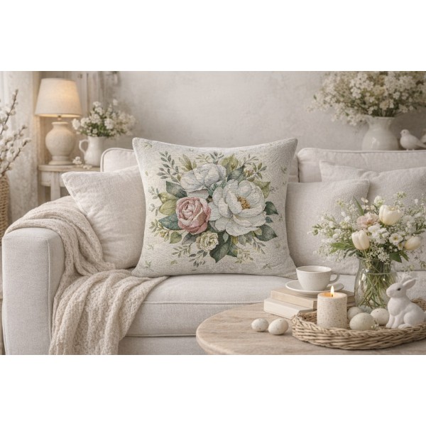 Poszewka dekoracyjna 45x45 cm Biała Piwonia 1372A Gobelinowa Premium