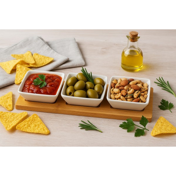 Komplet do serwowania przystawek 3 kwadratowe miseczki + deska