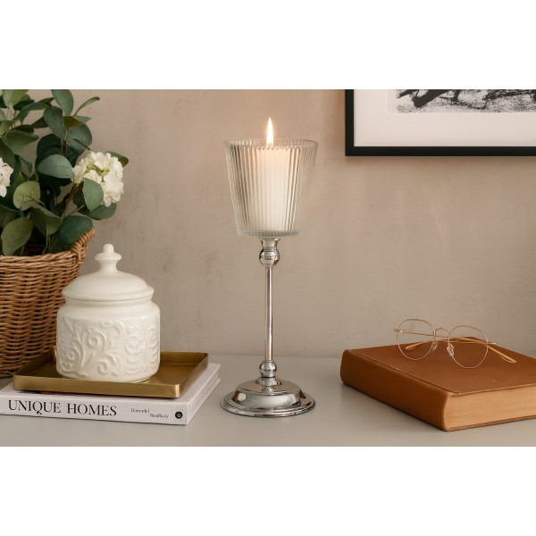 Świecznik szklany na metalowej nodze 34 5cm JKO286