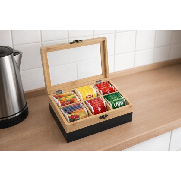 Skrzynka na herbatę z 6 przegródkami bambusowa Kesper