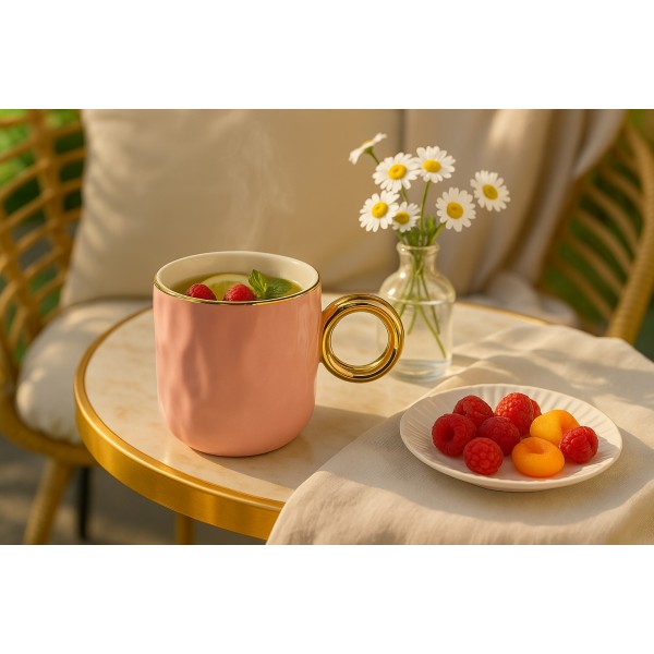 Kubek porcelanowy 300 ml ze złotym uchem różowy 2202