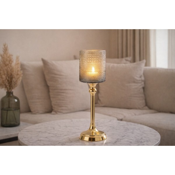 Kielichowy świecznik szklany Dekor-Pap CX0919  szaro złoty  36 cm