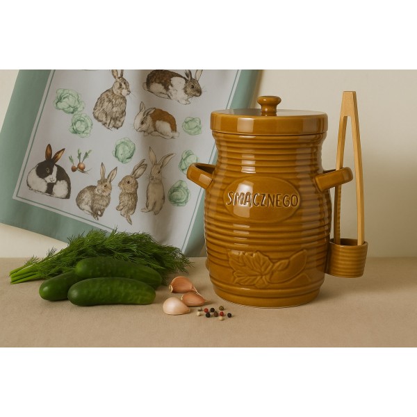 Pojemnik ceramiczny 3 5 L na ogórki ze szczypcami Smacznego 3170 miodowy