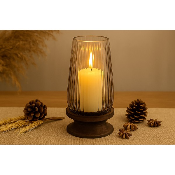 Świecznik szklany 24 5 cm drewniana podstawa JK0204