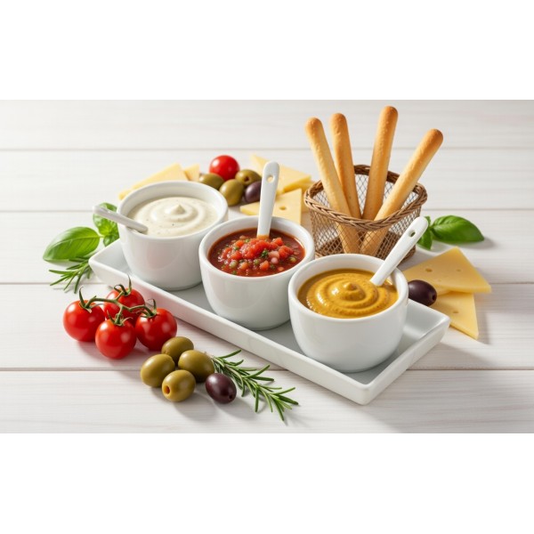 Biały zestaw ceramiczny do dipów taca + 3 miski