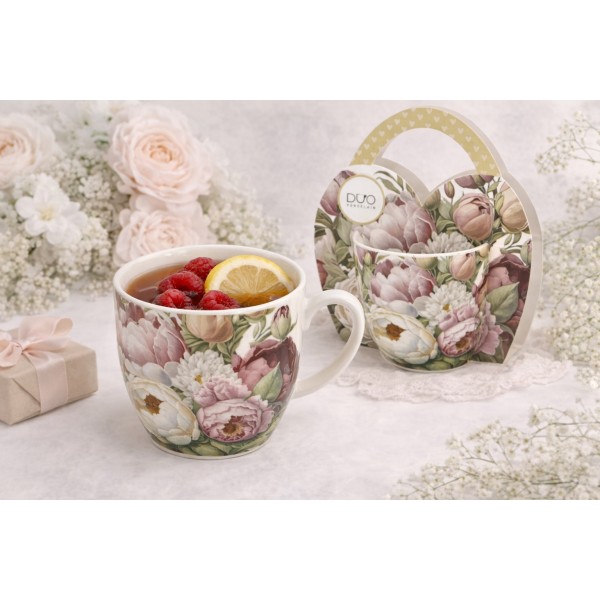 Kubek porcelanowy 460 ml Piwonie w koszyczku