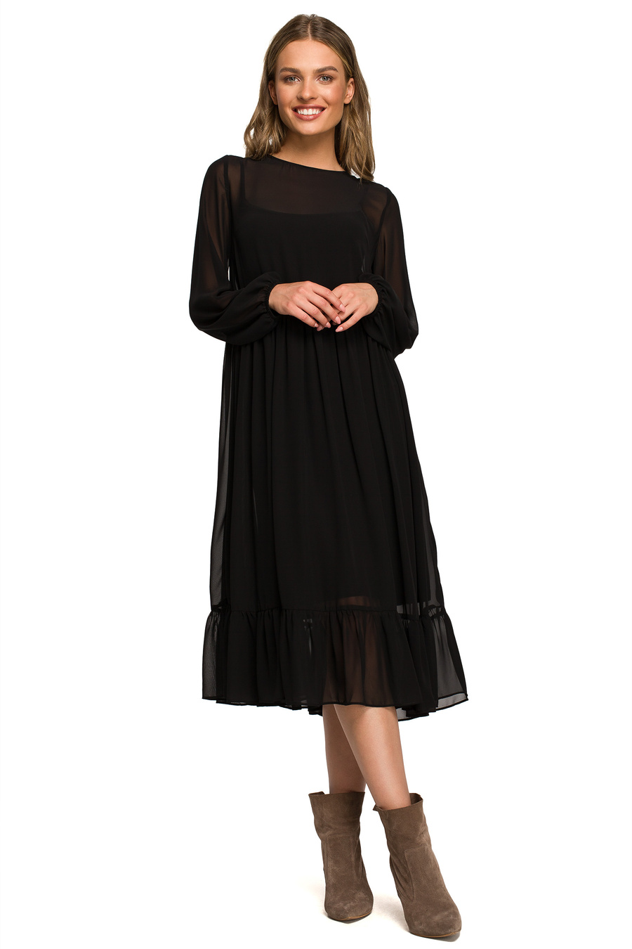 Sukienka wieczorowa szyfonowa rozkloszowana z falbanami czarna długa