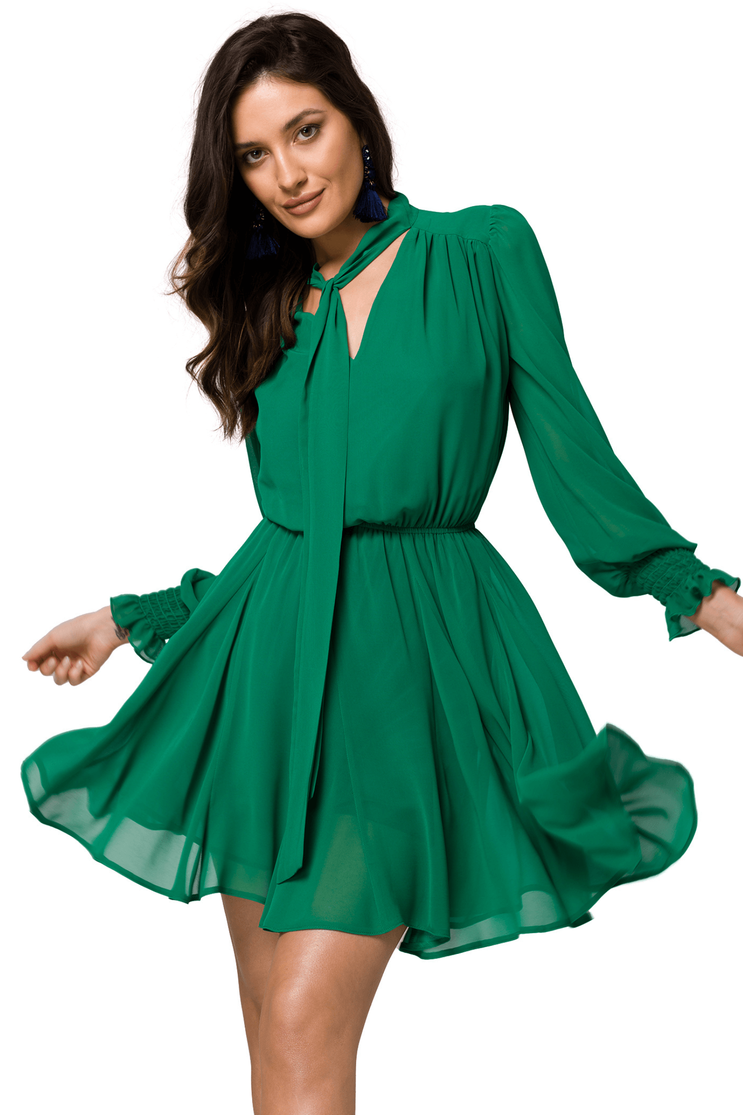Sukienka Szyfonowa sukienka koktajlowa z bufiastymi rękawami zielona
