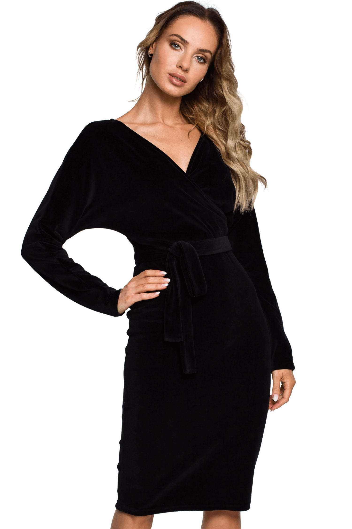 Sukienka Sukienka welurowa ołówkowa midi z kopertowym dekoltem V czarna