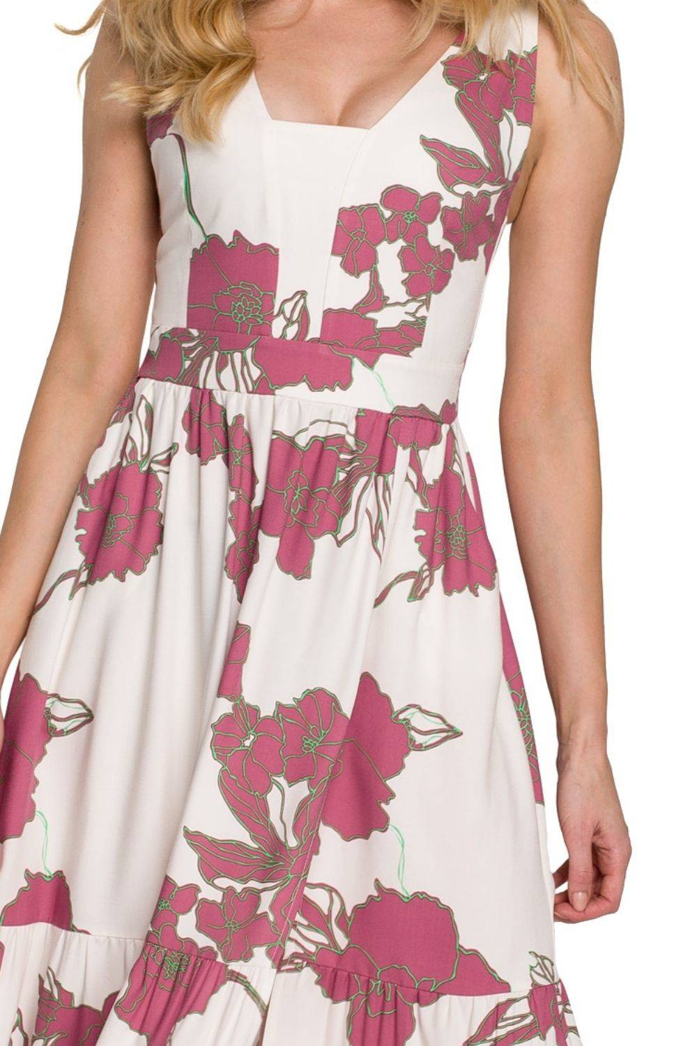 Sukienka letnia Rozkloszowana sukienka na lato w kwiaty ecru