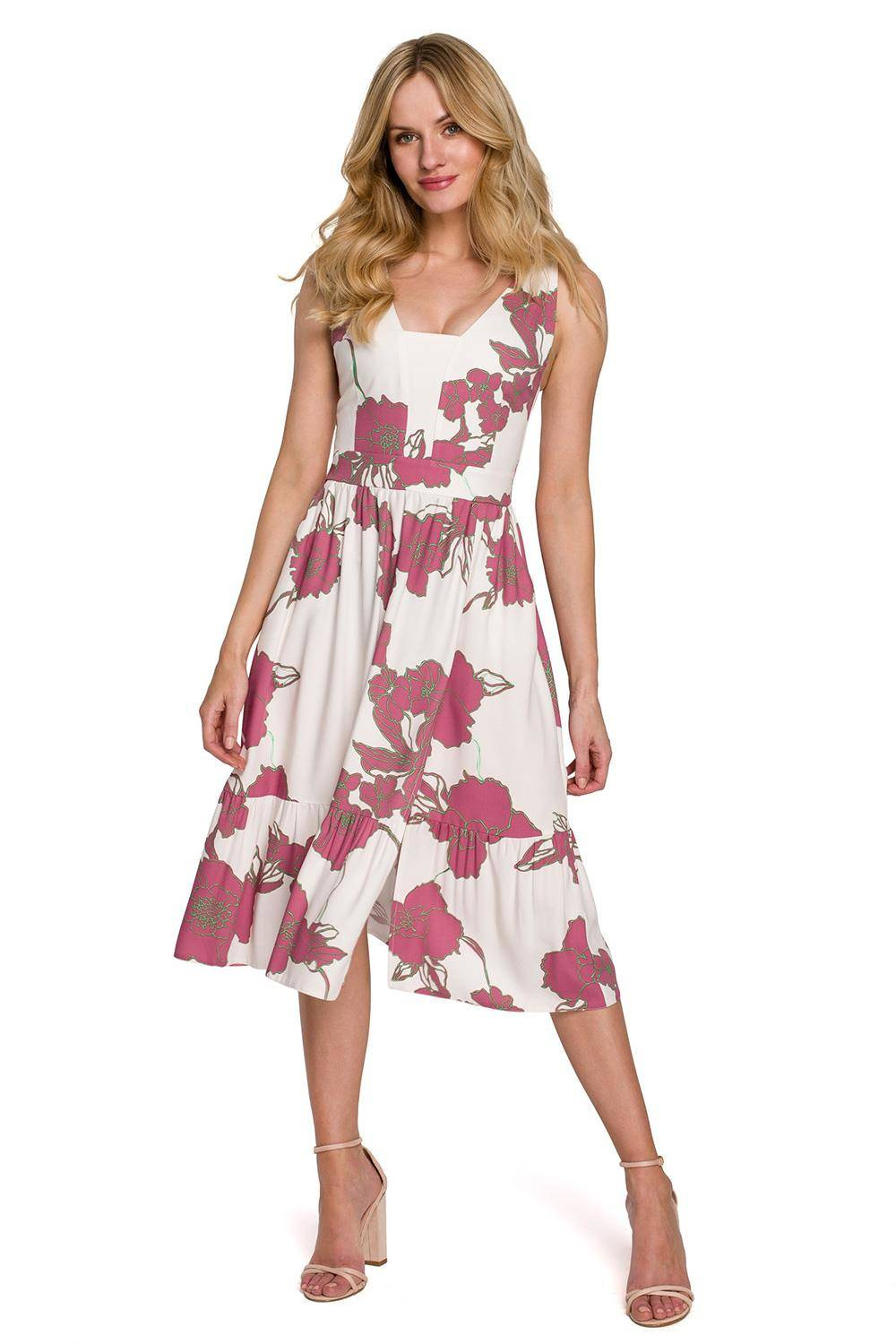 Sukienka Rozkloszowana sukienka na lato w kwiaty ecru