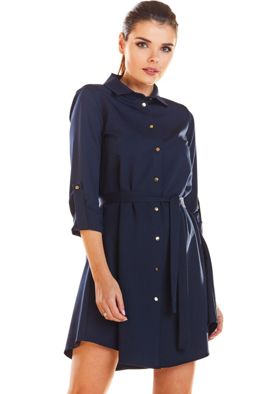 Sukienka koszulowa szmizjerka z paskiem i kołnierzykiem granatowa