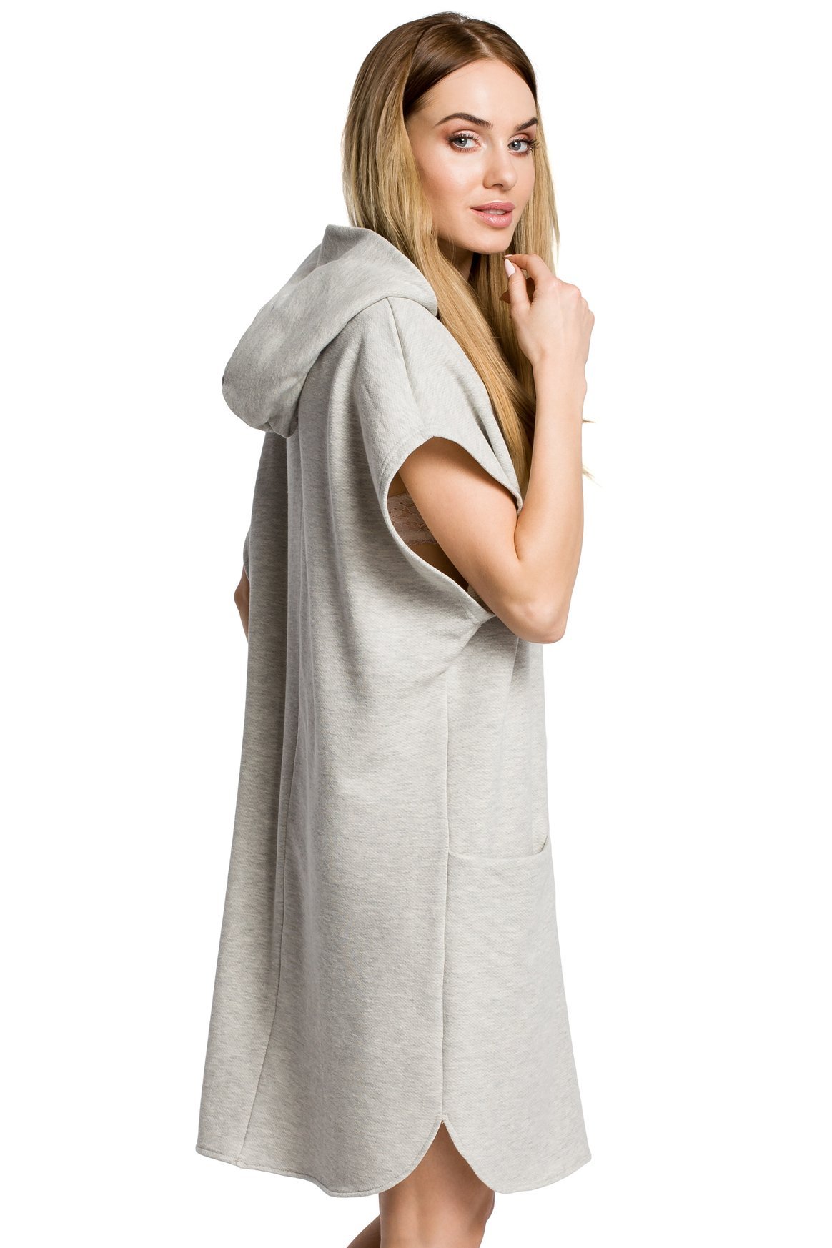 Opis: Sukienka dzianinowa mini tunika z kapturem i kieszeniami na lato szara.
