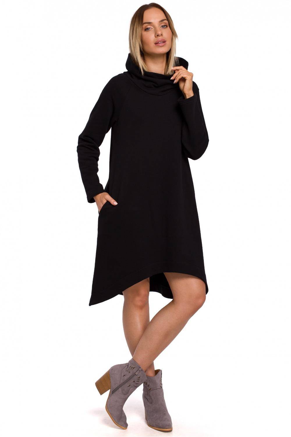 Opis: Sukienka trapezowa midi asymetryczna dzianinowa z bawełny czarna.