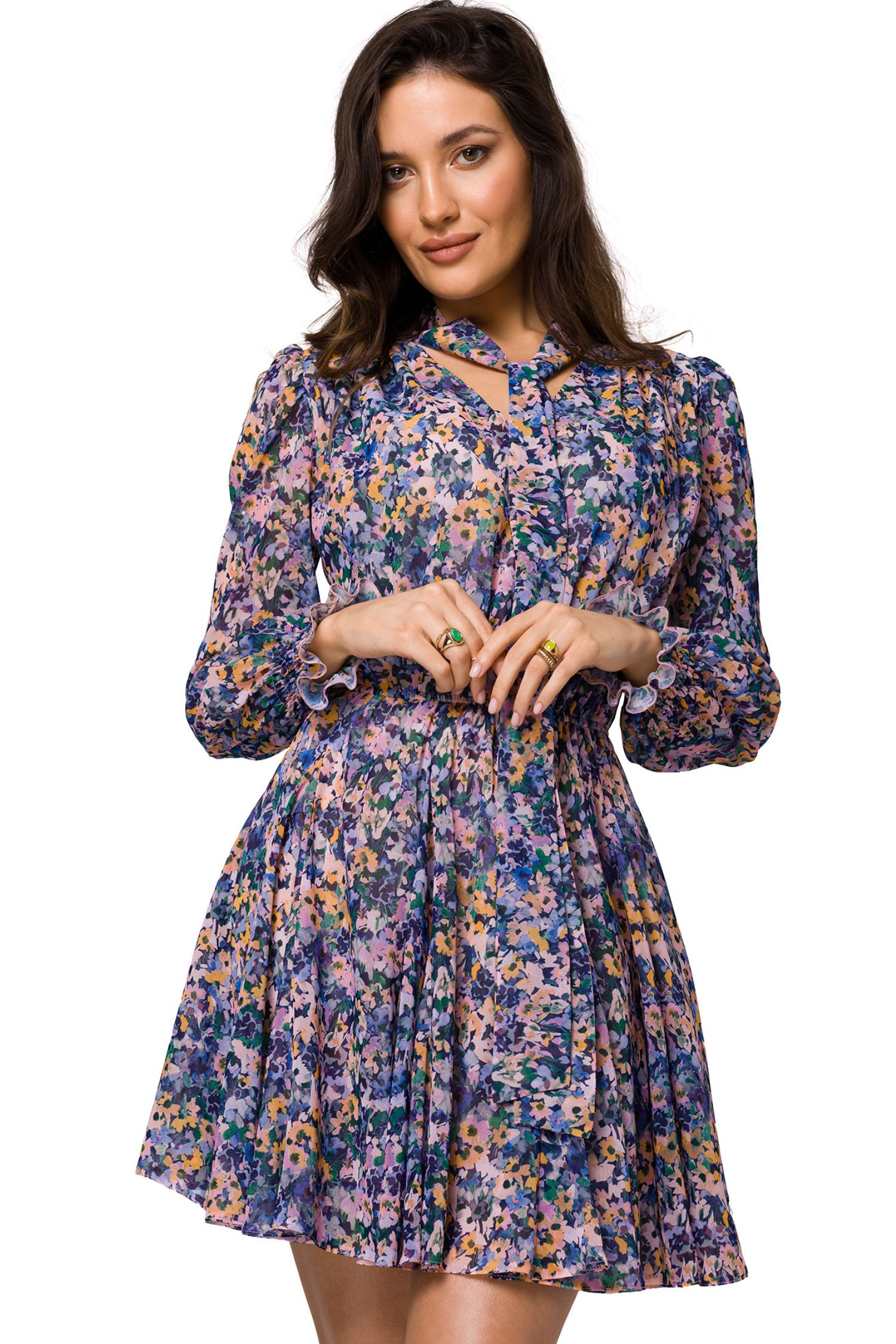 Sukienka Sukienka szyfonowa rozkloszowana w kwiaty niebieska