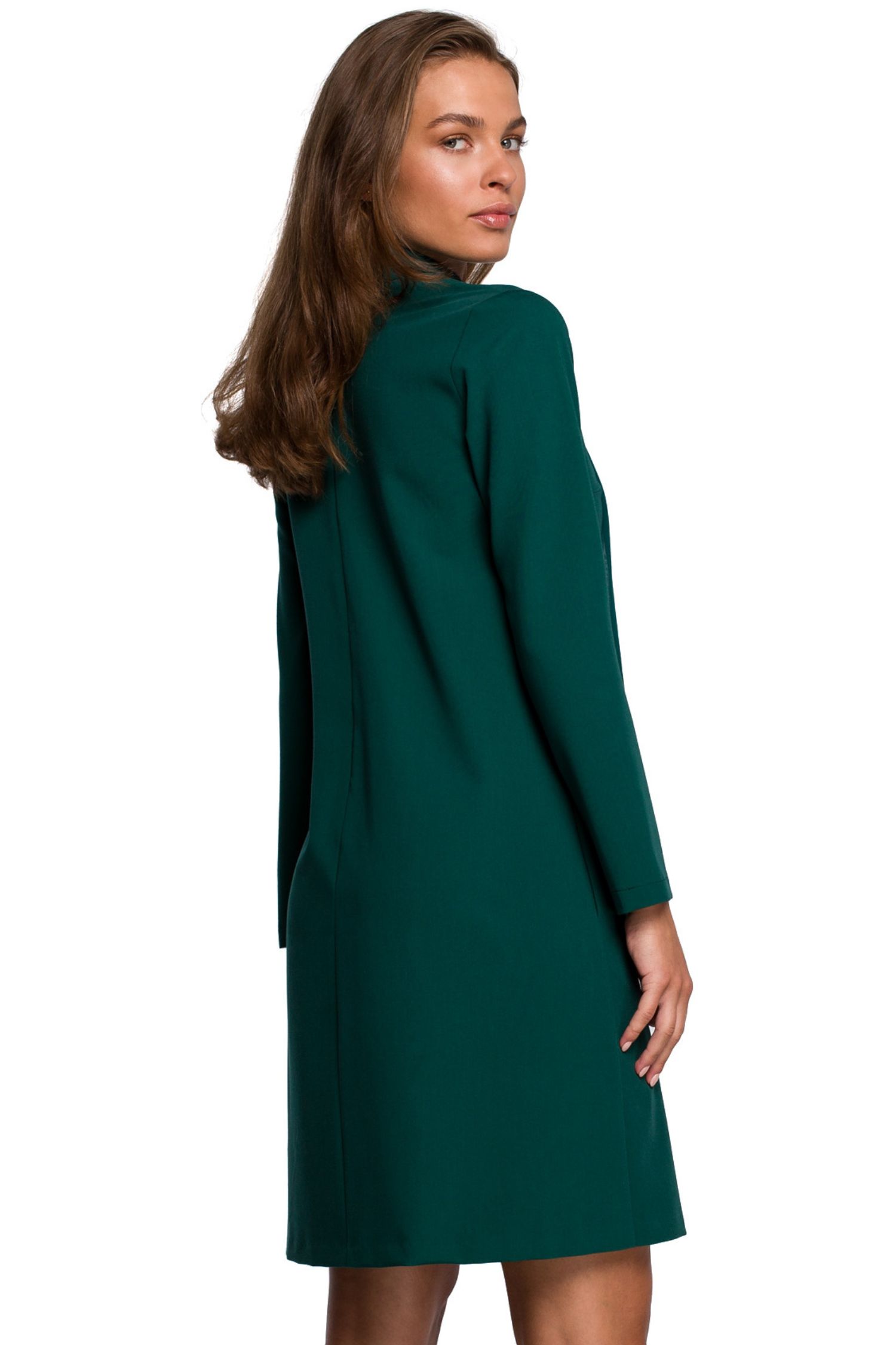 Opis: Sukienka trapezowa elegancka z dekoltem V i szyfonowym szalem zielona.