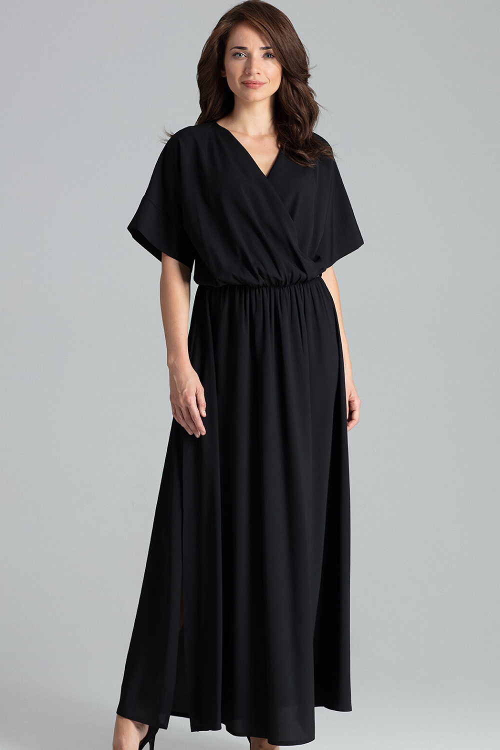 Sukienka Długa rozkloszowana sukienka oversize kopertowy dekolt czarna