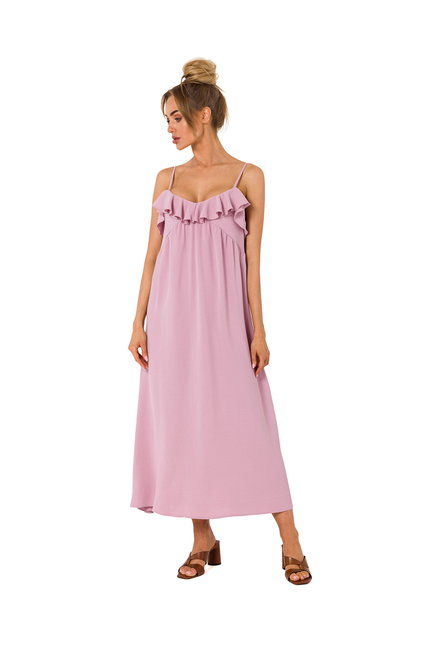 Sukienka Długa letnia sukienka na cienkich ramiączkach różowa trapezowa