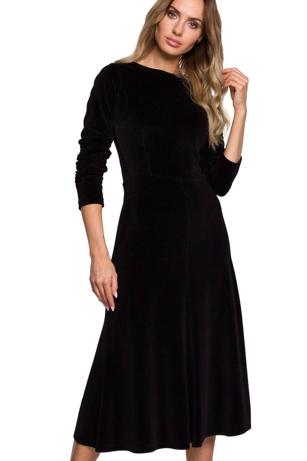 Sukienka Sukienka elegancka welurowa midi rozkloszowana z rękawem 3/4 czarna