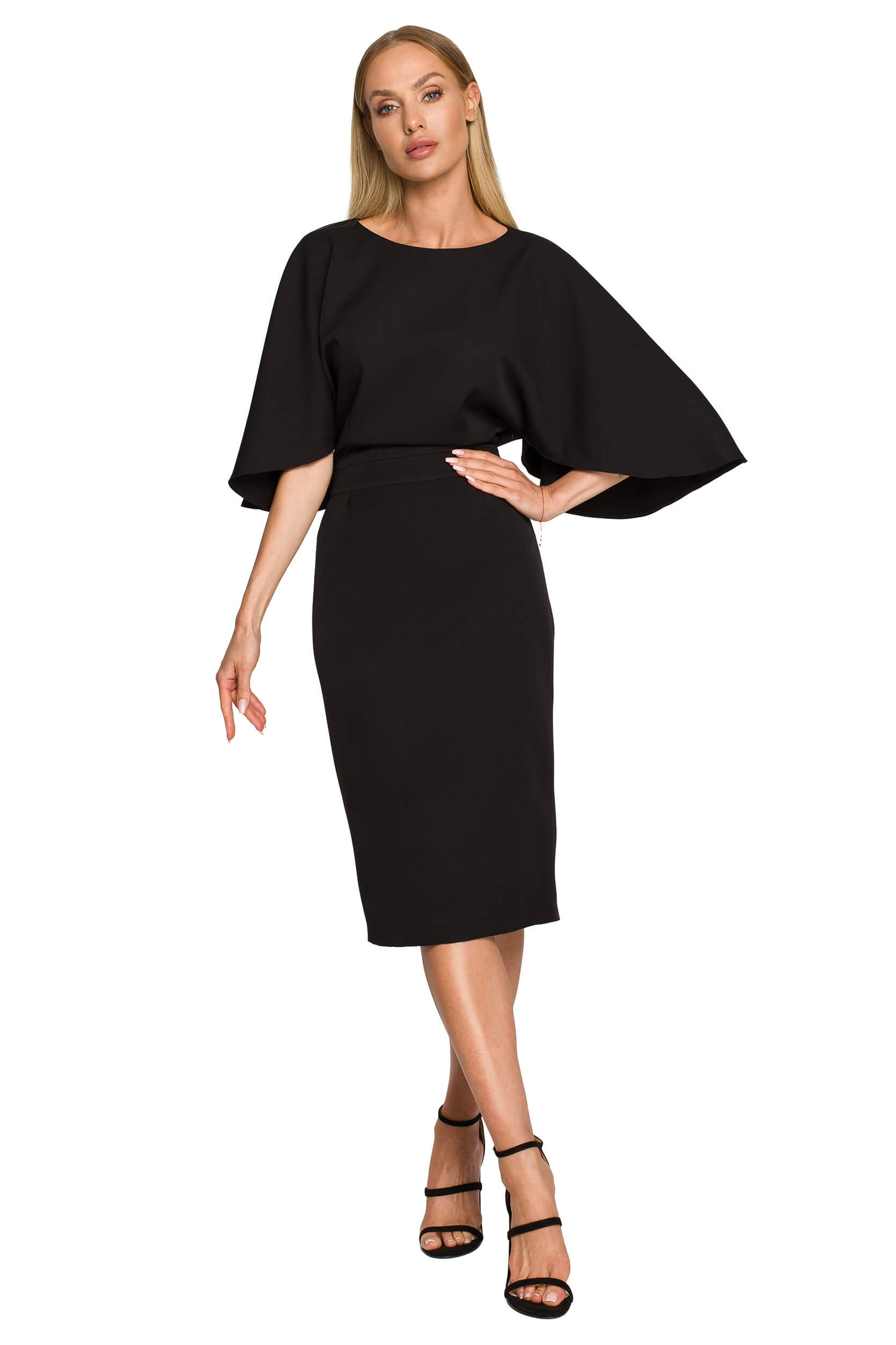 Sukienka Sukienka elegancka ołówkowa z szerokimi rękawami czarna z pelerynką