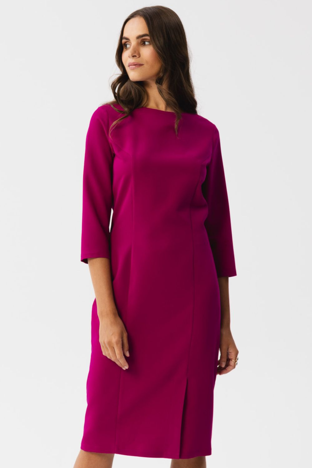 Sukienka Elegancka sukienka ołówkowa z rozcięciem fioletowa