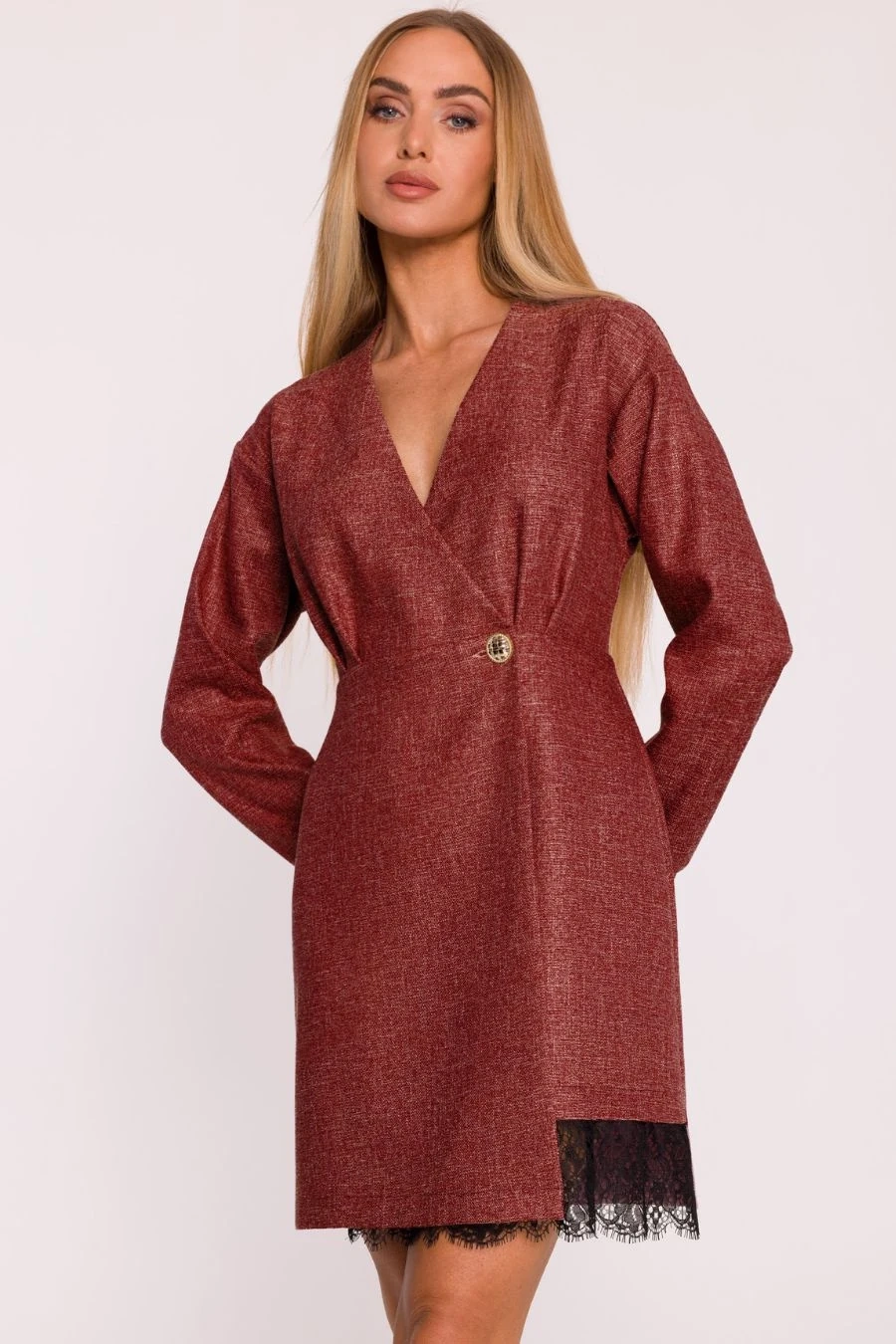 Elegancka sukienka tweedowa trapezowa kopertowa bordowa