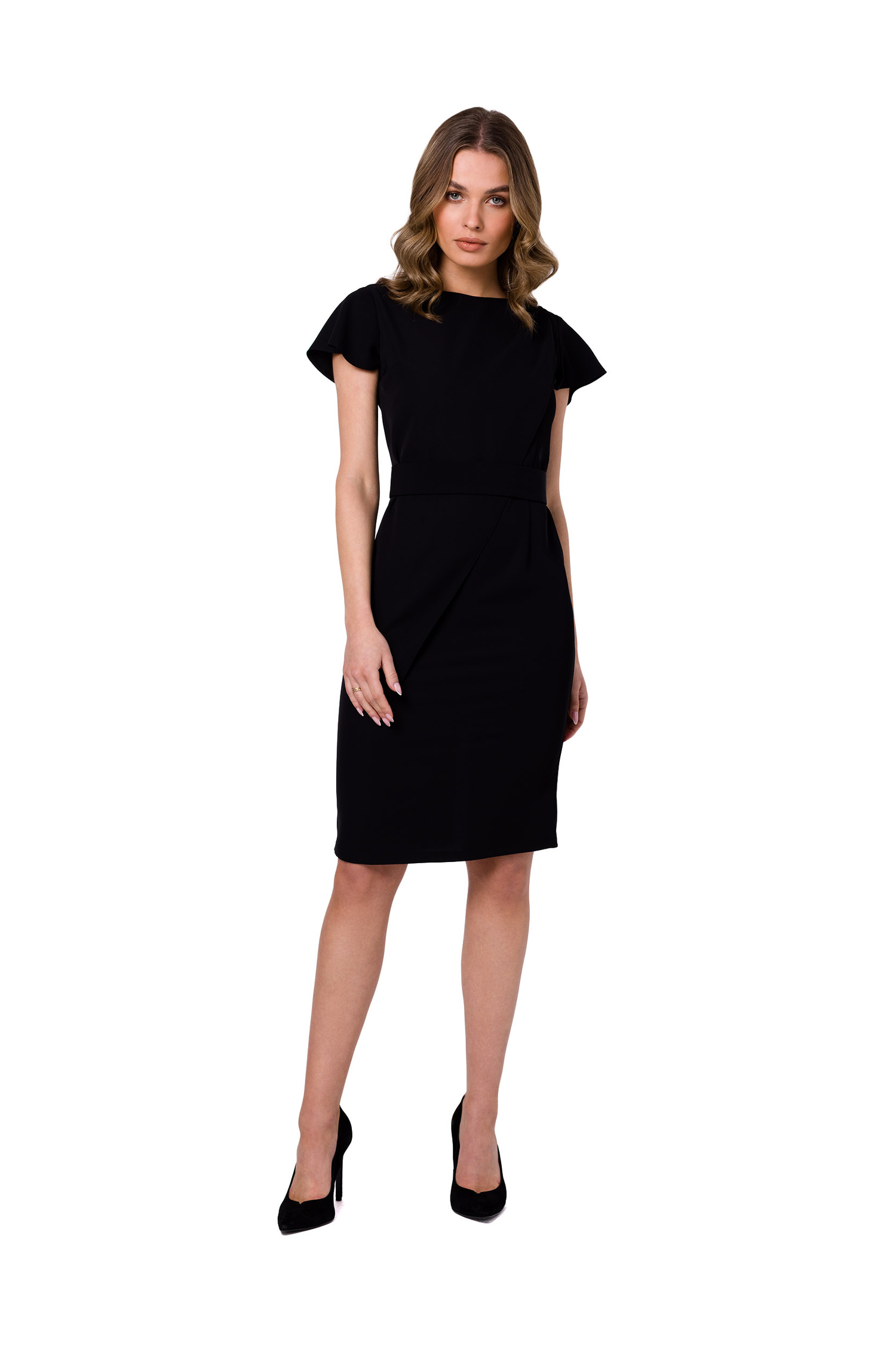 Sukienka Elegancka ołówkowa sukienka z paskiem krótki rękaw czarna