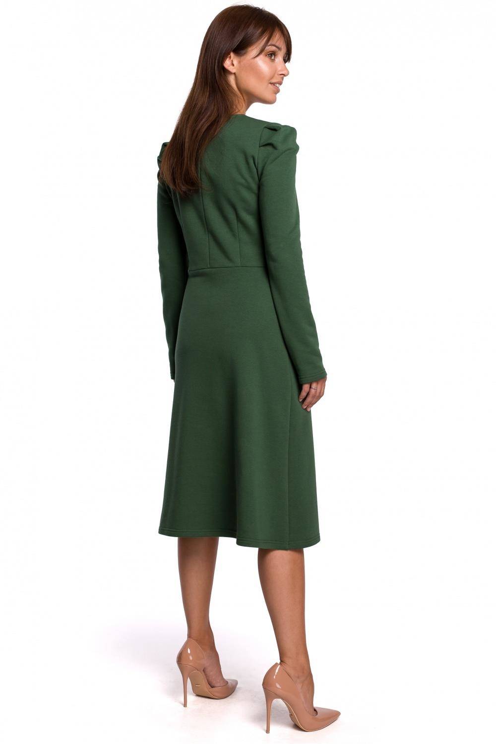 Opis: Bawełniana sukienka midi z bufiastymi rękawami i dekoltem V zielona.