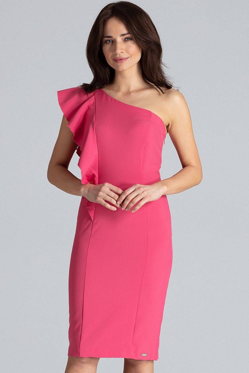 Sukienka Ołówkowa sukienka na jedno ramię z falbaną różowa