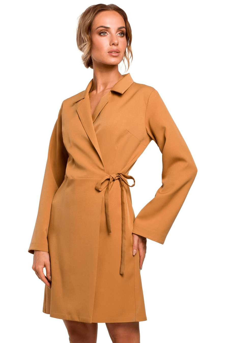 Sukienka żakietowa kopertowa z kołnierzykiem i wiązaniem brązowa