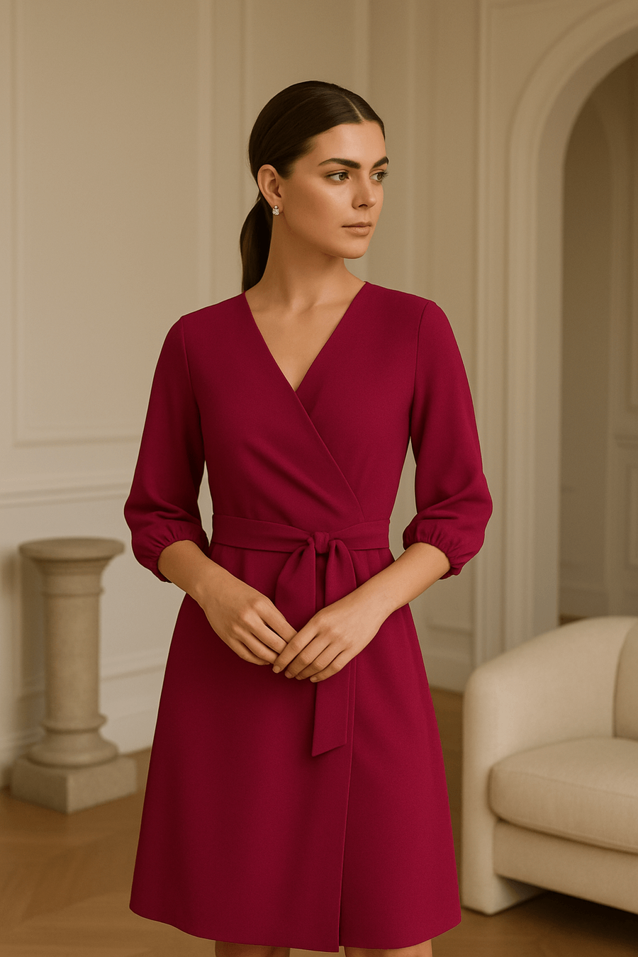 Sukienka elegancka kopertowa z bufiastymi rękawami śliwka