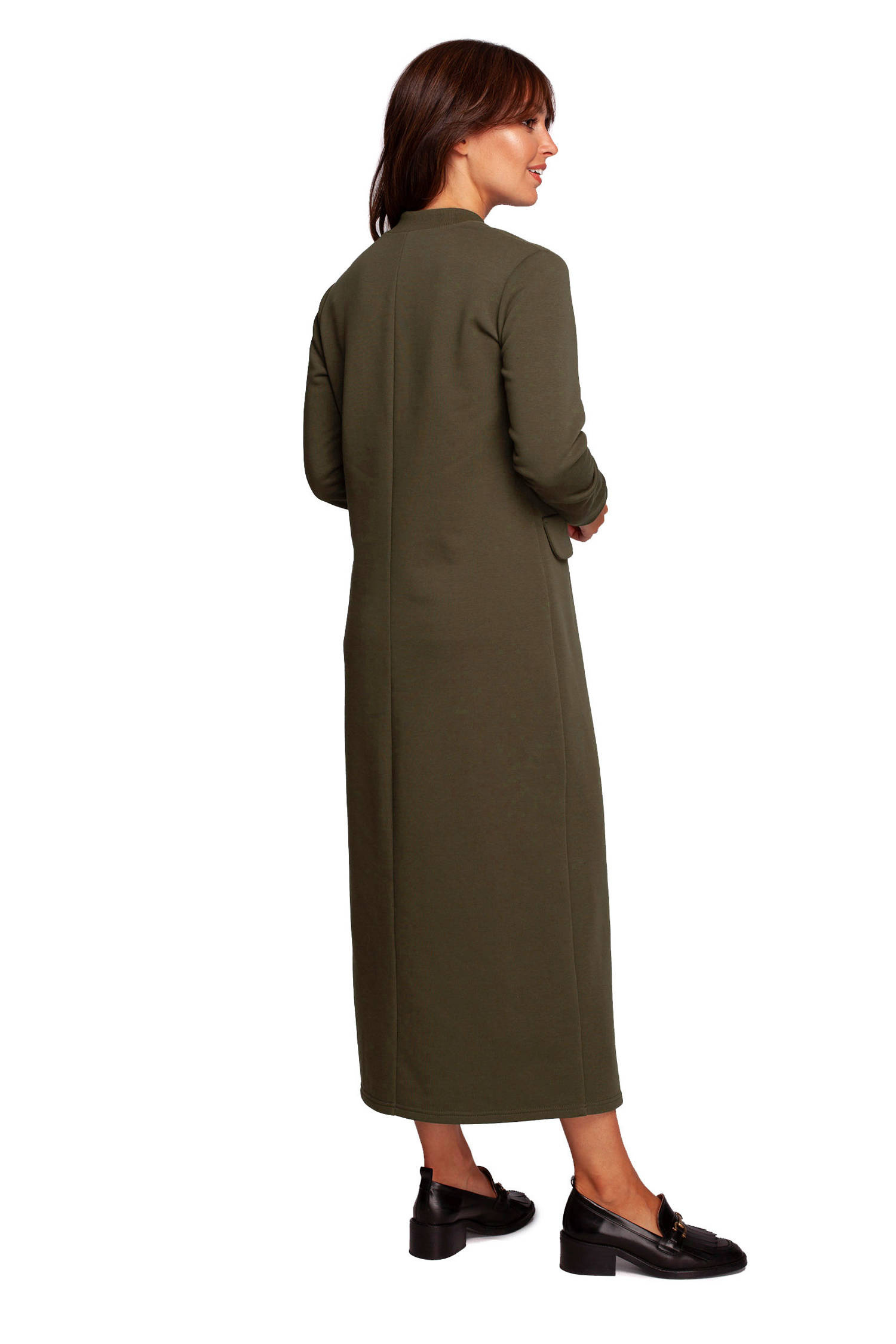 Opis: Długa sukienka dzianinowa z rozcięciem bawełniana zielona.