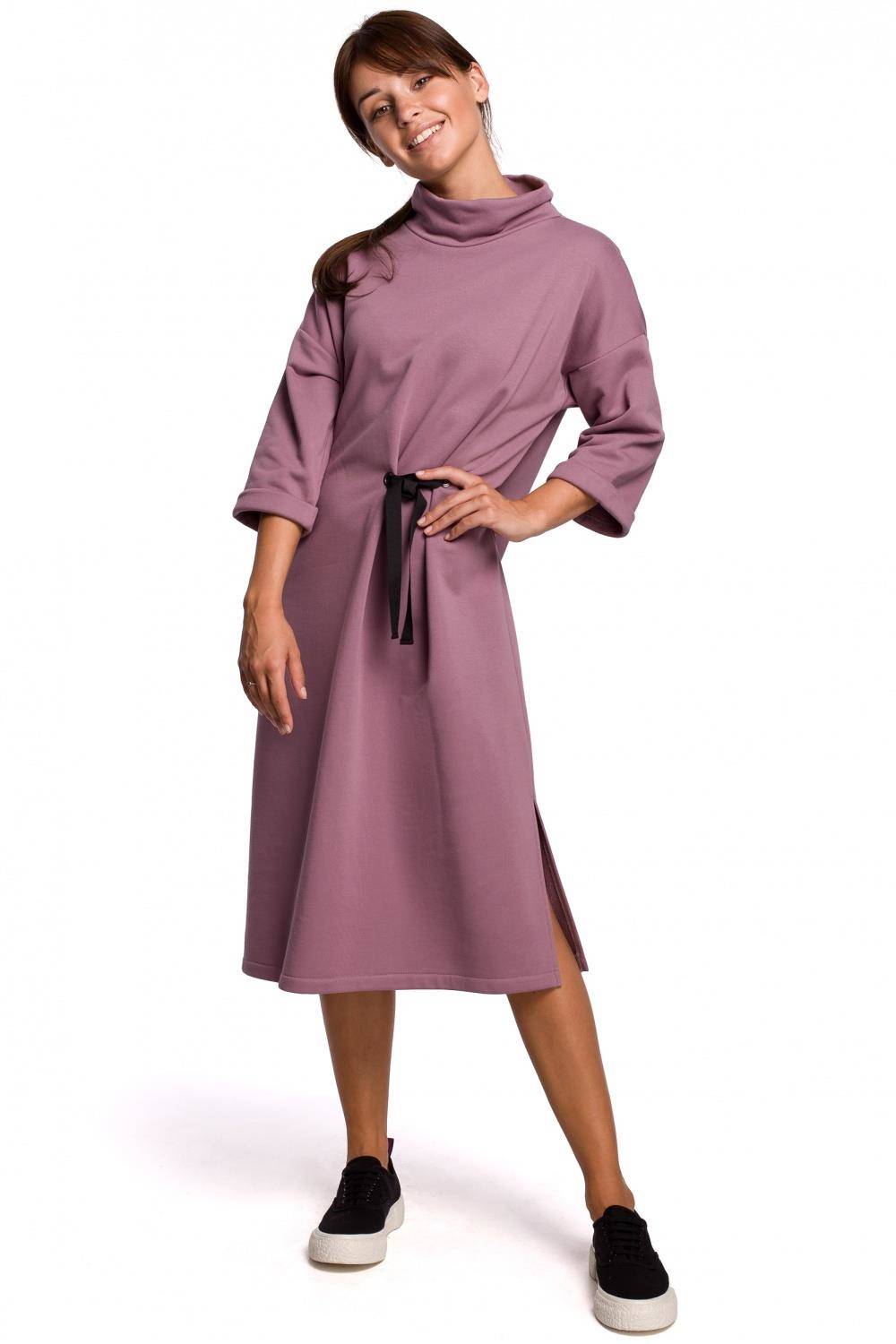 Sukienka Ciepła sukienka oversize z golfem fioletowa bawełniana dzianina