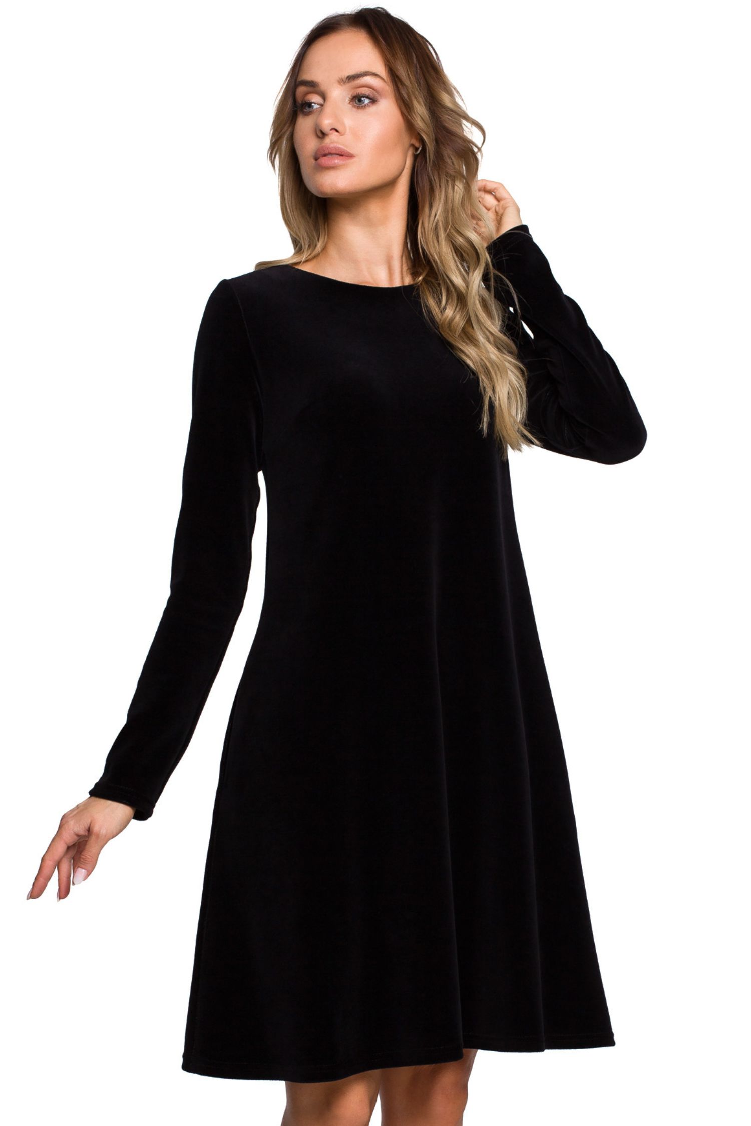 Sukienka Welurowa sukienka trapezowa midi z długim rękawem elegancka czarna
