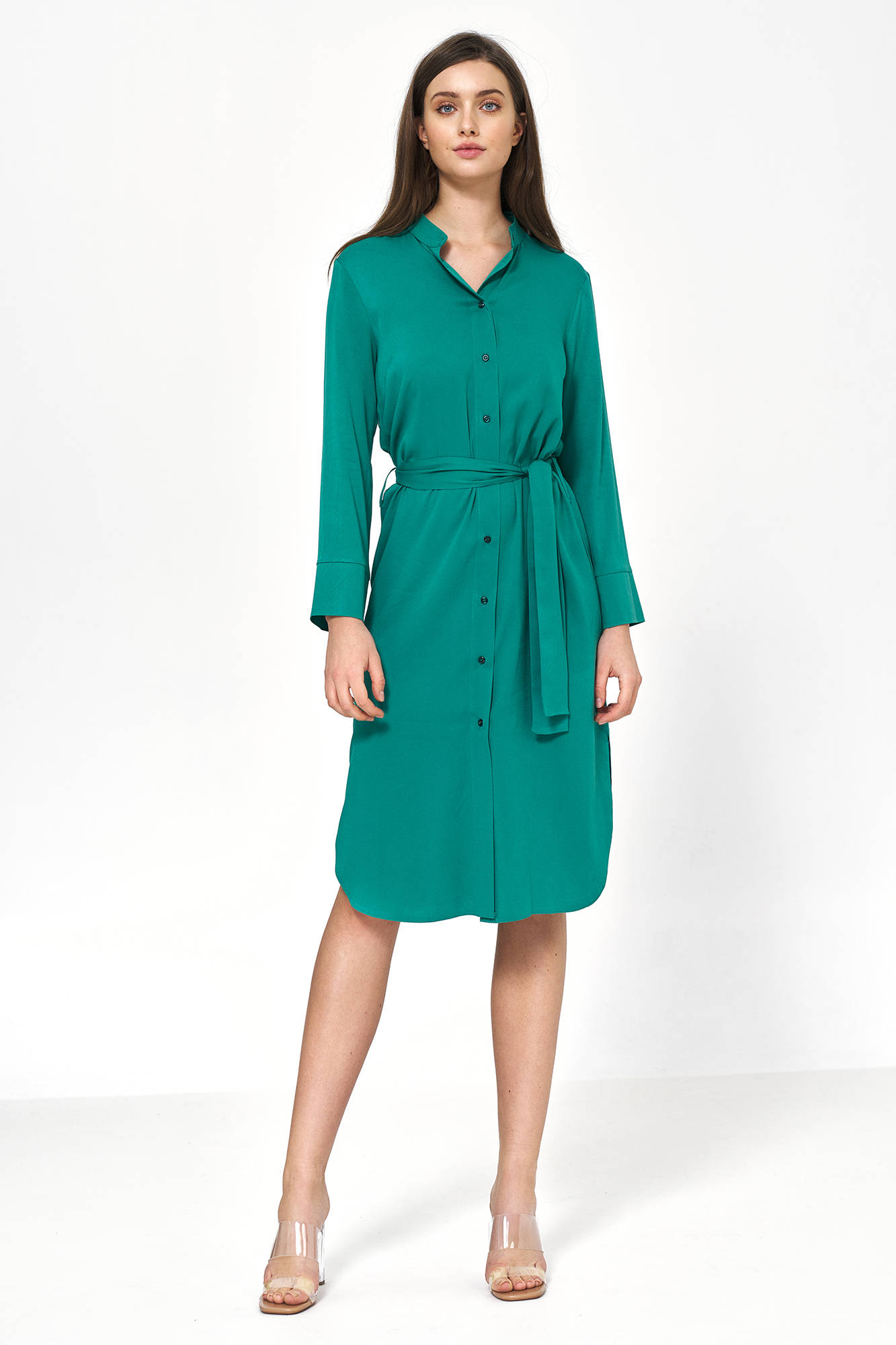 Opis: Sukienka koszulowa szmizerka z paskiem zielona wiskoza.