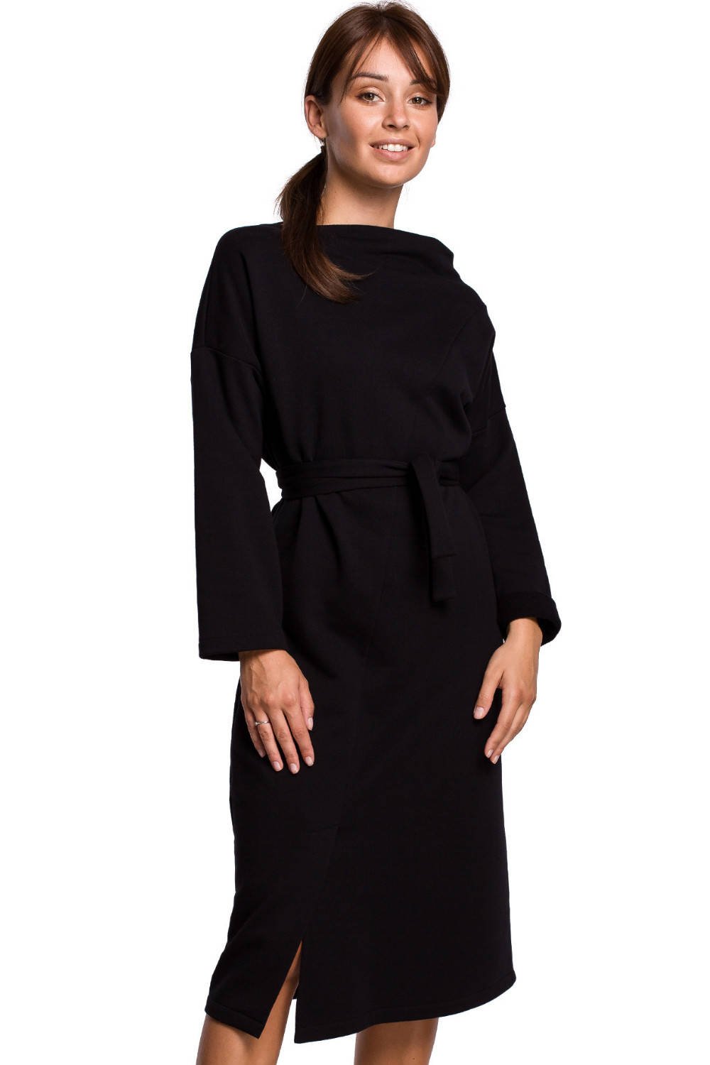 Sukienka Bawełniana sukienka dzianinowa z paskiem asymetryczny dekolt czarna