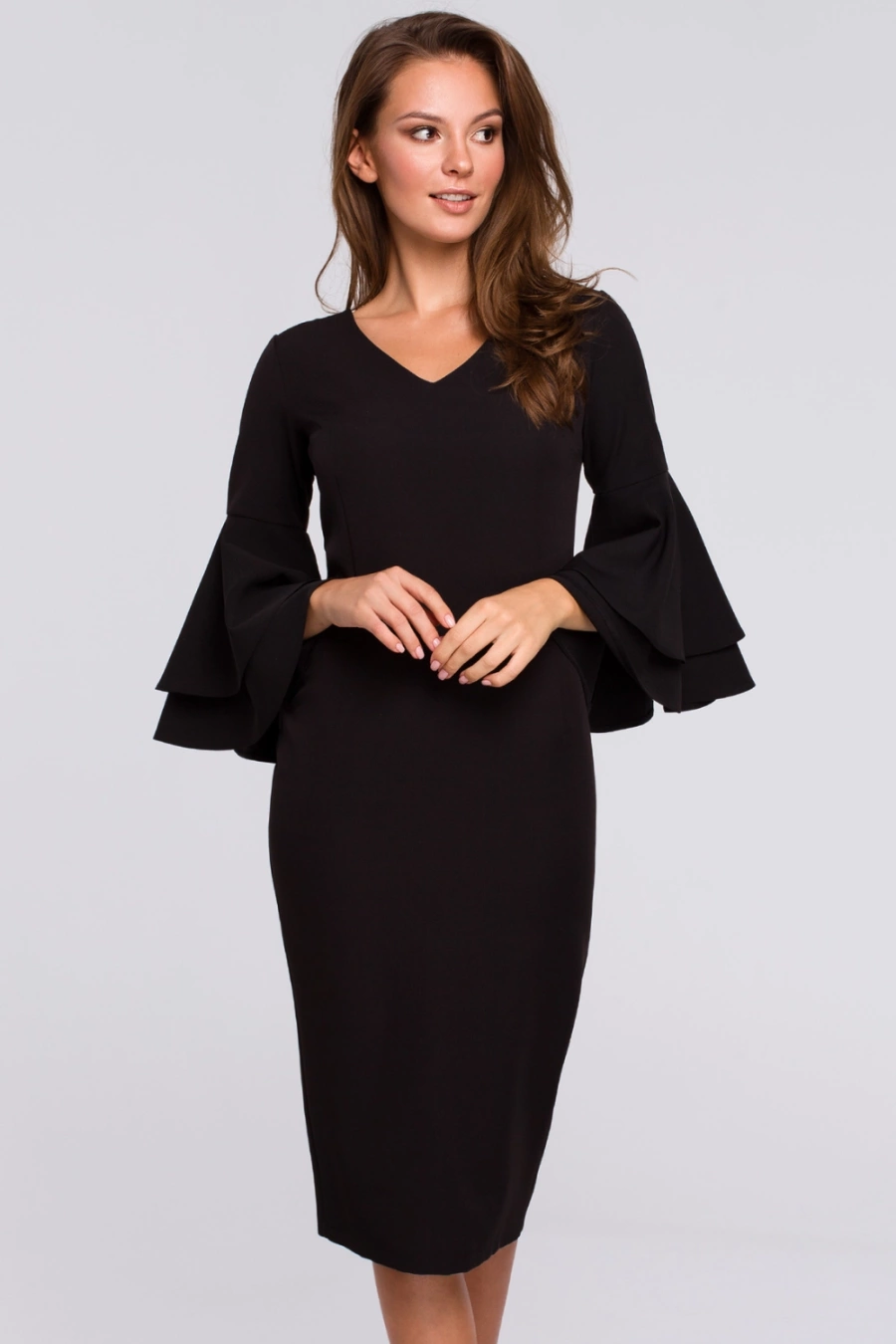 Sukienka Sukienka elegancka wieczorowa midi z bufiastymi rękawami czarna